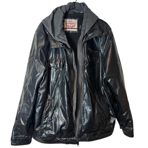 Levi's Black Faux Leather Sherpa Trucker Jacket with Built in Hoodie XXL - Picture 2 of 7